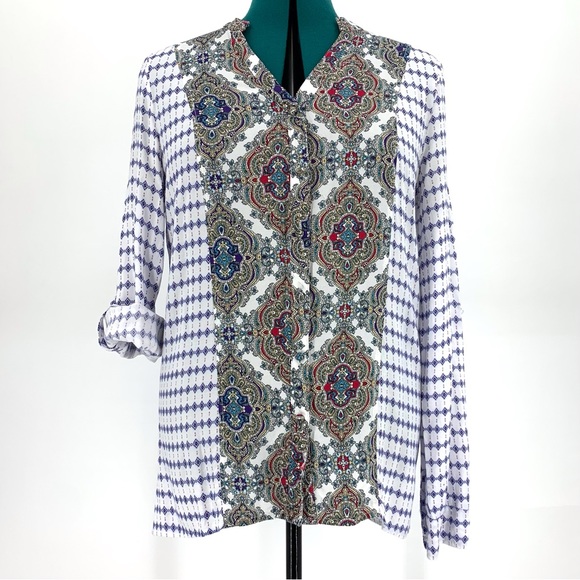 Kori Paisley Accent Boho Rolled Sleeve Button Down V-Neck Blouse, Medium - Picture 3 of 16